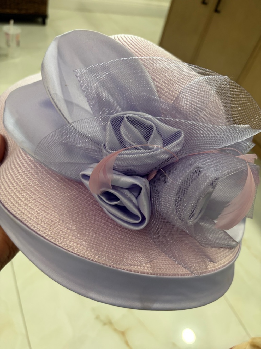 Lavender and Soft Pink Floral Satin Trim Women's Dress Hat